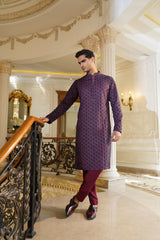 Royal Plum Embroidered Silk-Blend Kurta Set (2-Piece) - Image 3