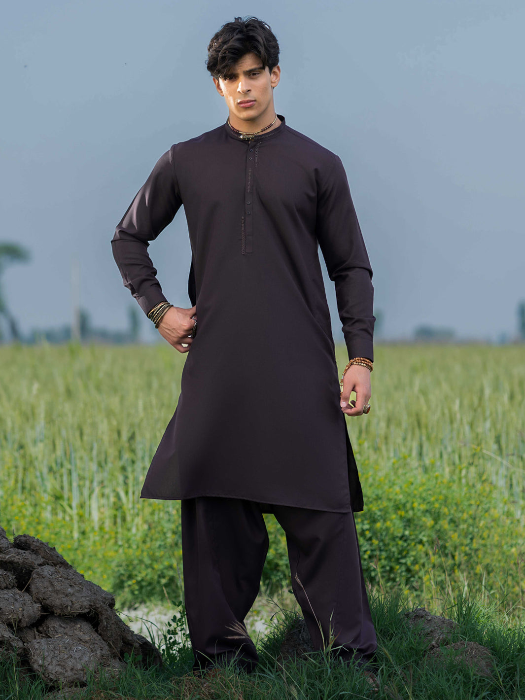 Dark Purple Embroidered Blended Shalwar Kameez (2-Piece) - Image 1