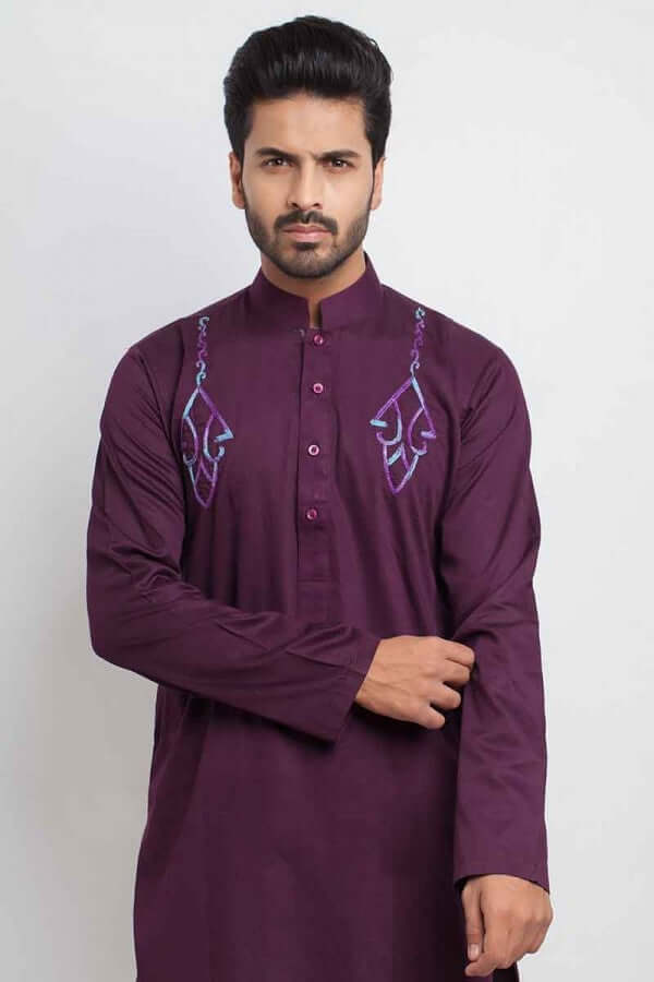 Deep Purple Embroidered Cotton Kurta Shalwar (2-Piece) - Image 1