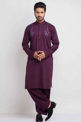 Deep Purple Embroidered Cotton Kurta Shalwar (2-Piece) - Image 3