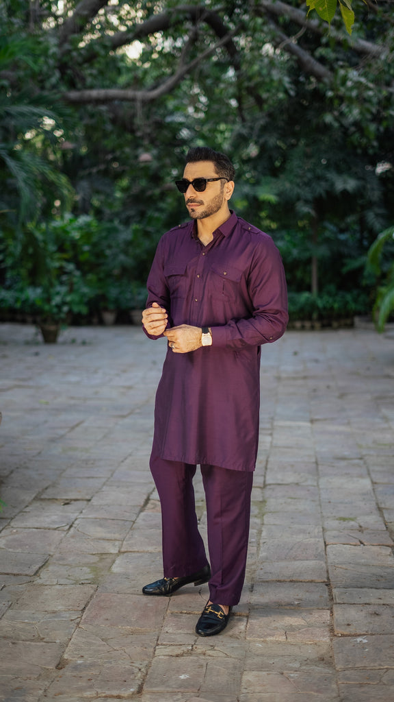 Deep Purple Cotton-Silk Pathani Suit (2-Piece) - Image 1