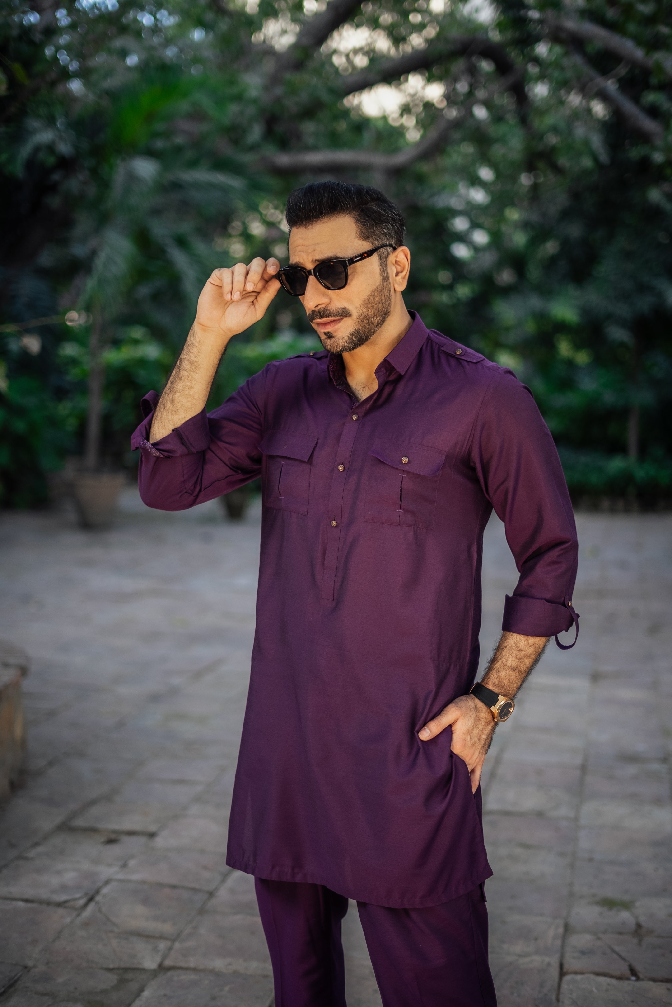 Deep Purple Cotton-Silk Pathani Suit (2-Piece) - Image 3