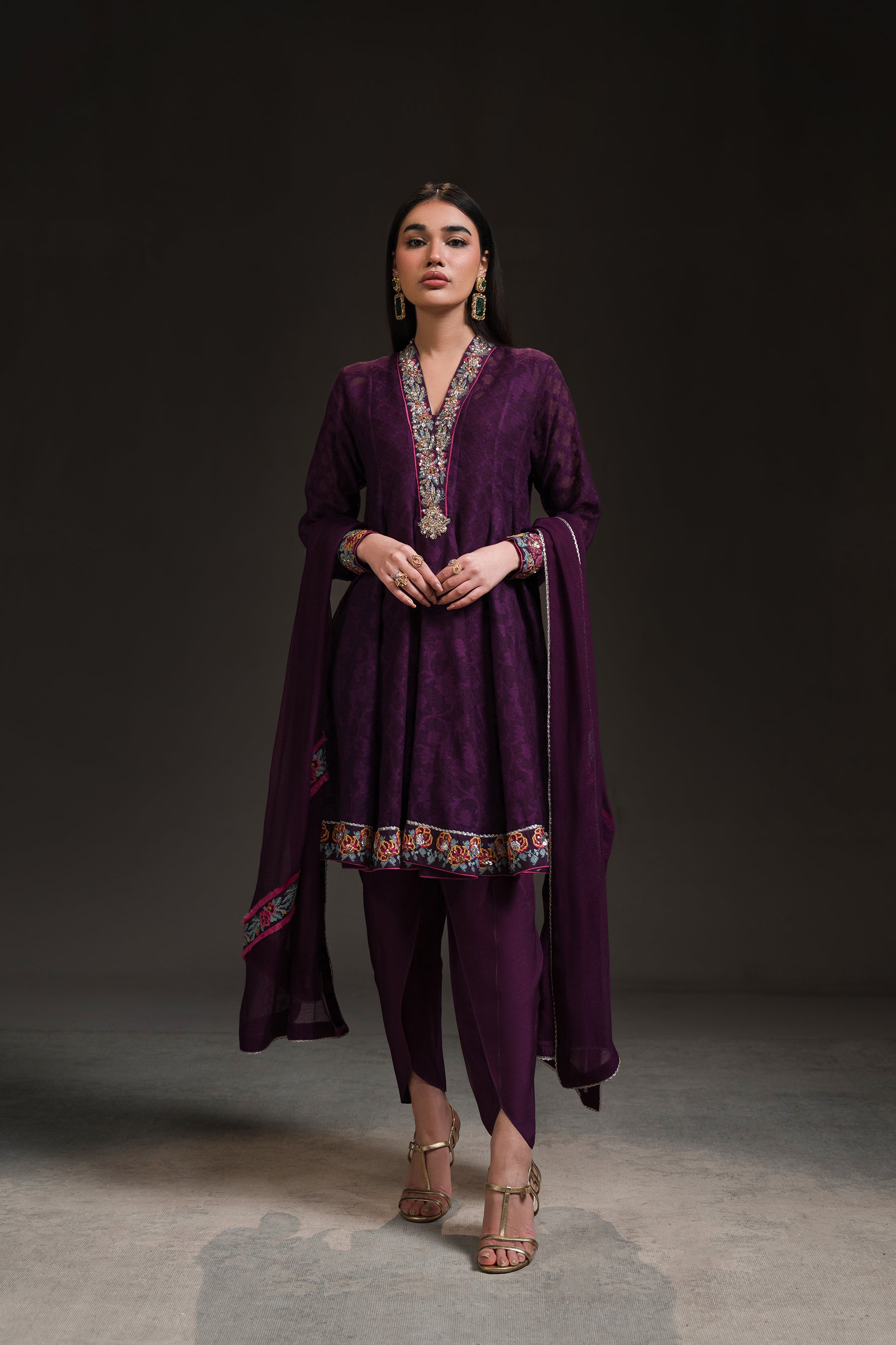 Pakistani Deep Aubergine Embroidered Cotton Net Peplum Kalidar (4-Piece) - Image 1