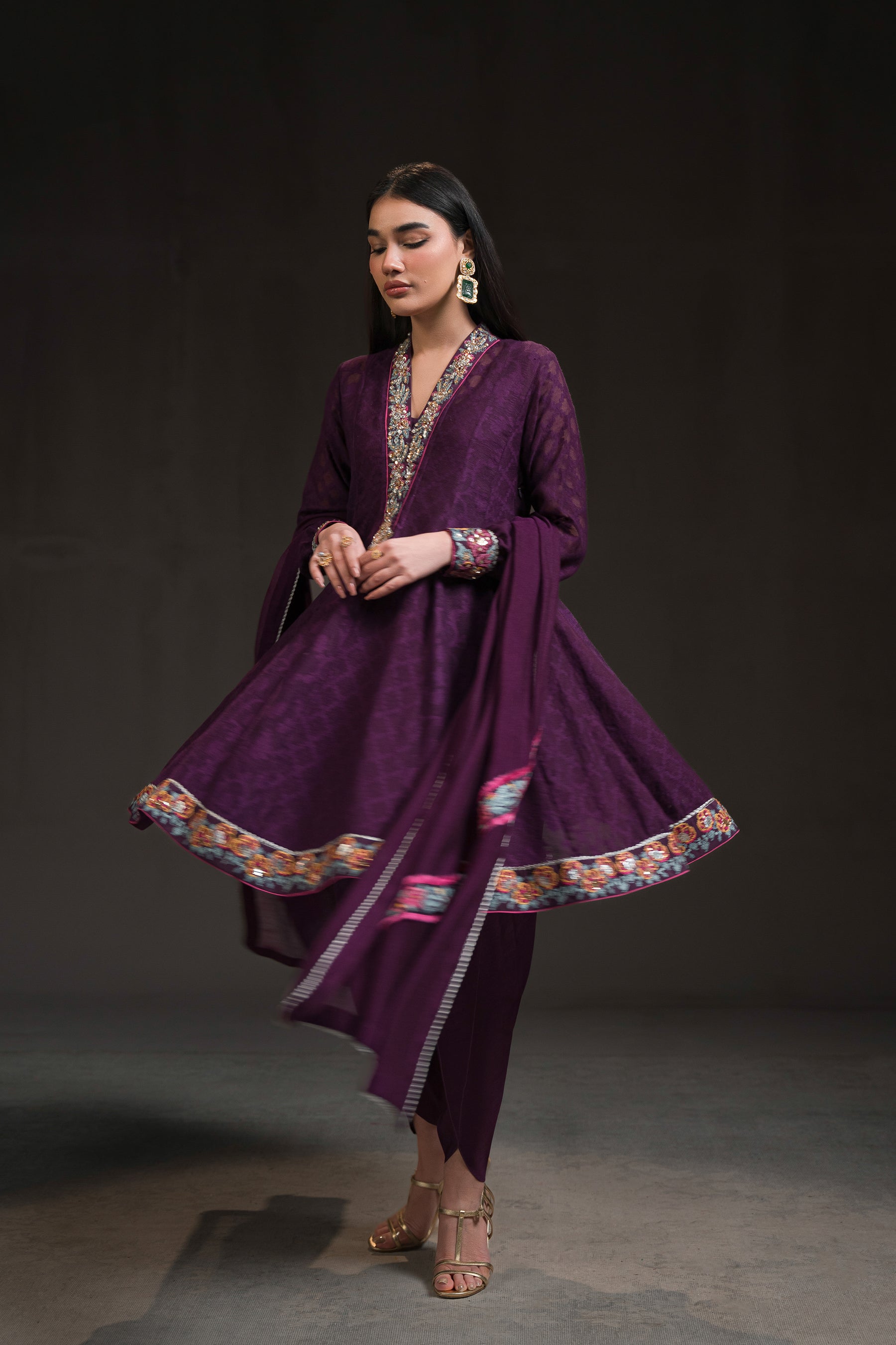 Pakistani Deep Aubergine Embroidered Cotton Net Peplum Kalidar (4-Piece) - Image 2