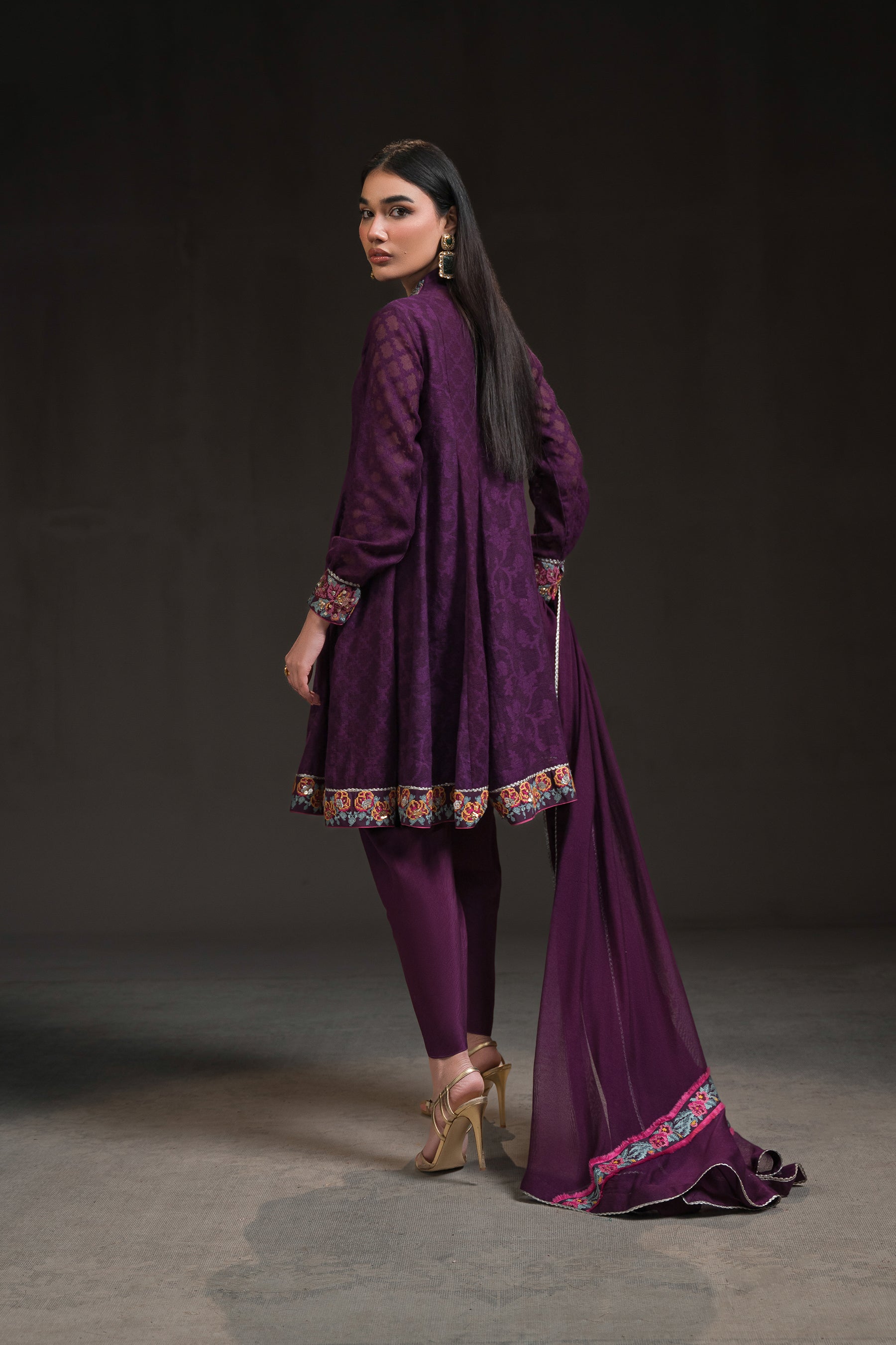 Pakistani Deep Aubergine Embroidered Cotton Net Peplum Kalidar (4-Piece) - Image 3