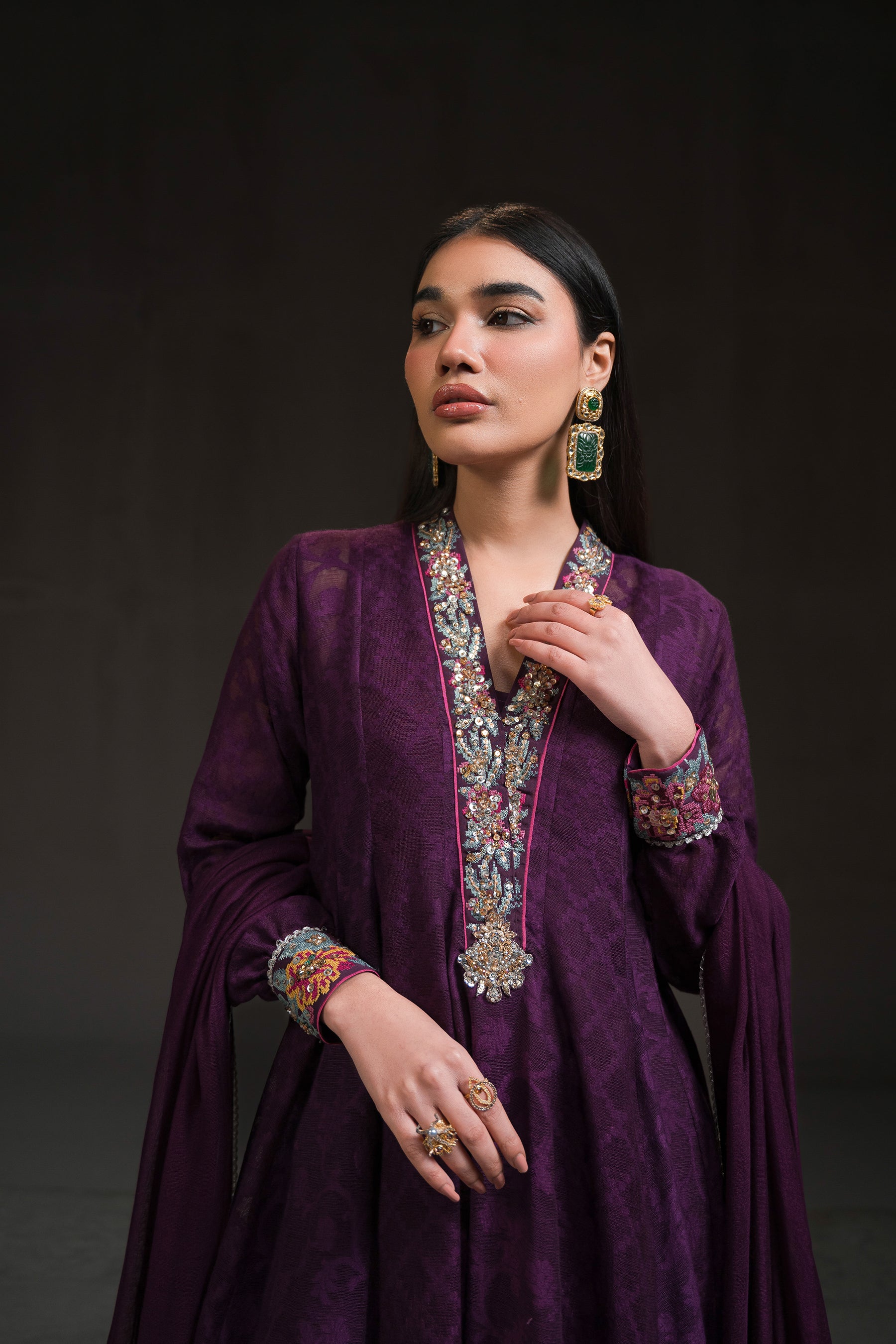 Pakistani Deep Aubergine Embroidered Cotton Net Peplum Kalidar (4-Piece) - Image 4