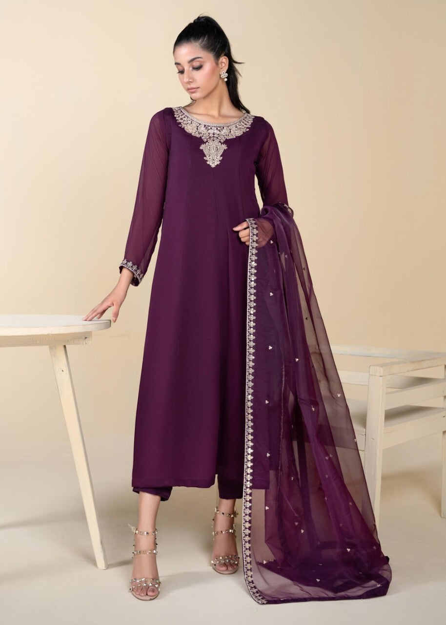 Pakistani Plum Embroidered Chiffon Pishwas Dress (3-Piece) - Image 1