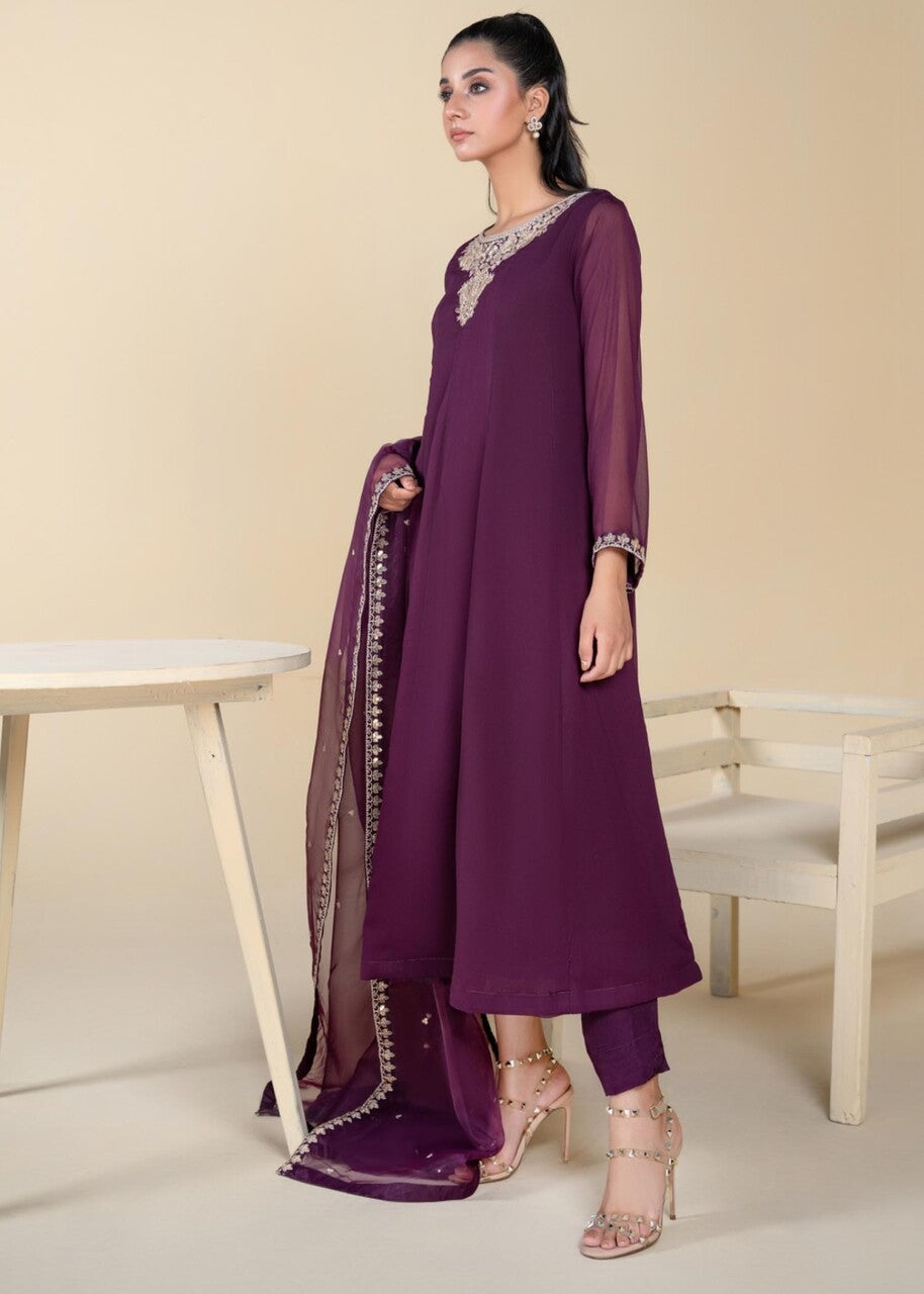 Pakistani Plum Embroidered Chiffon Pishwas Dress (3-Piece) - Image 2