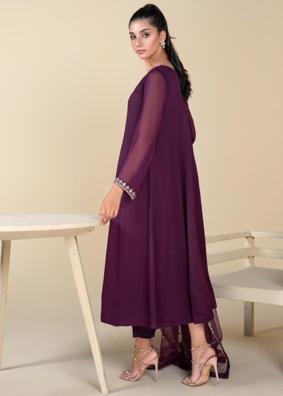 Pakistani Plum Embroidered Chiffon Pishwas Dress (3-Piece) - Image 3