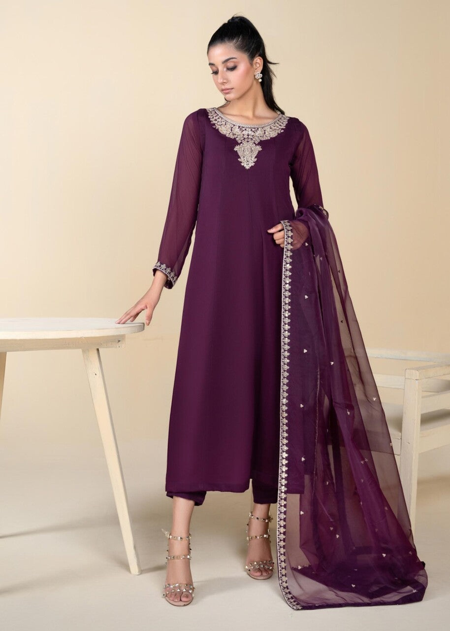 Pakistani Plum Embroidered Chiffon Pishwas Dress (3-Piece) - Image 4