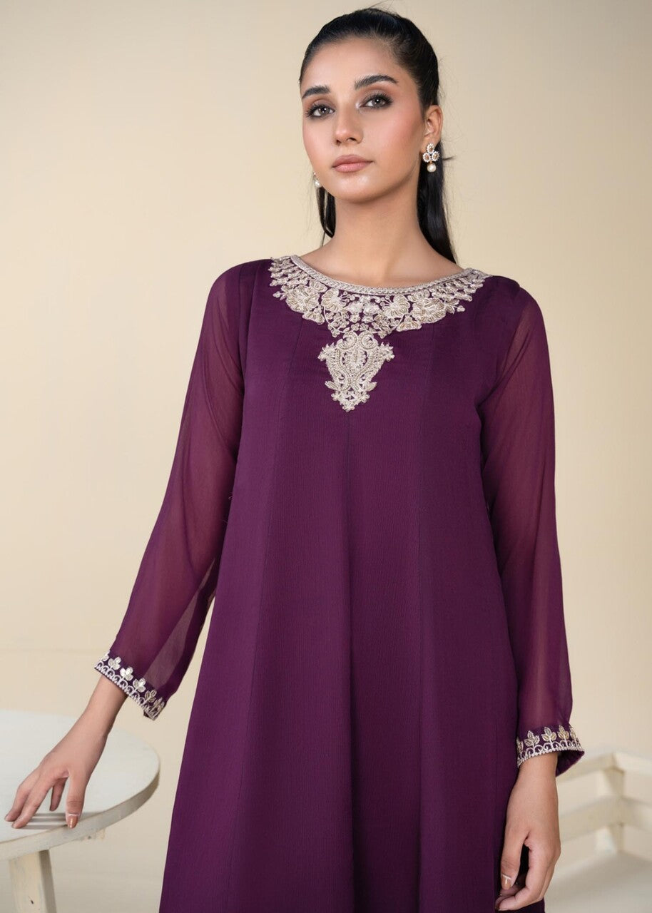 Pakistani Plum Embroidered Chiffon Pishwas Dress (3-Piece) - Image 5