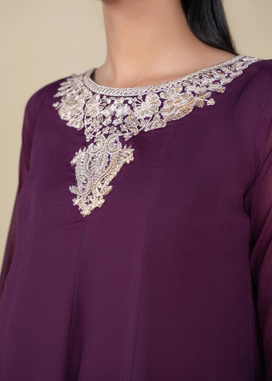 Pakistani Plum Embroidered Chiffon Pishwas Dress (3-Piece) - Image 6