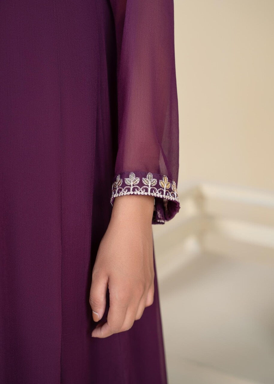 Pakistani Plum Embroidered Chiffon Pishwas Dress (3-Piece) - Image 7