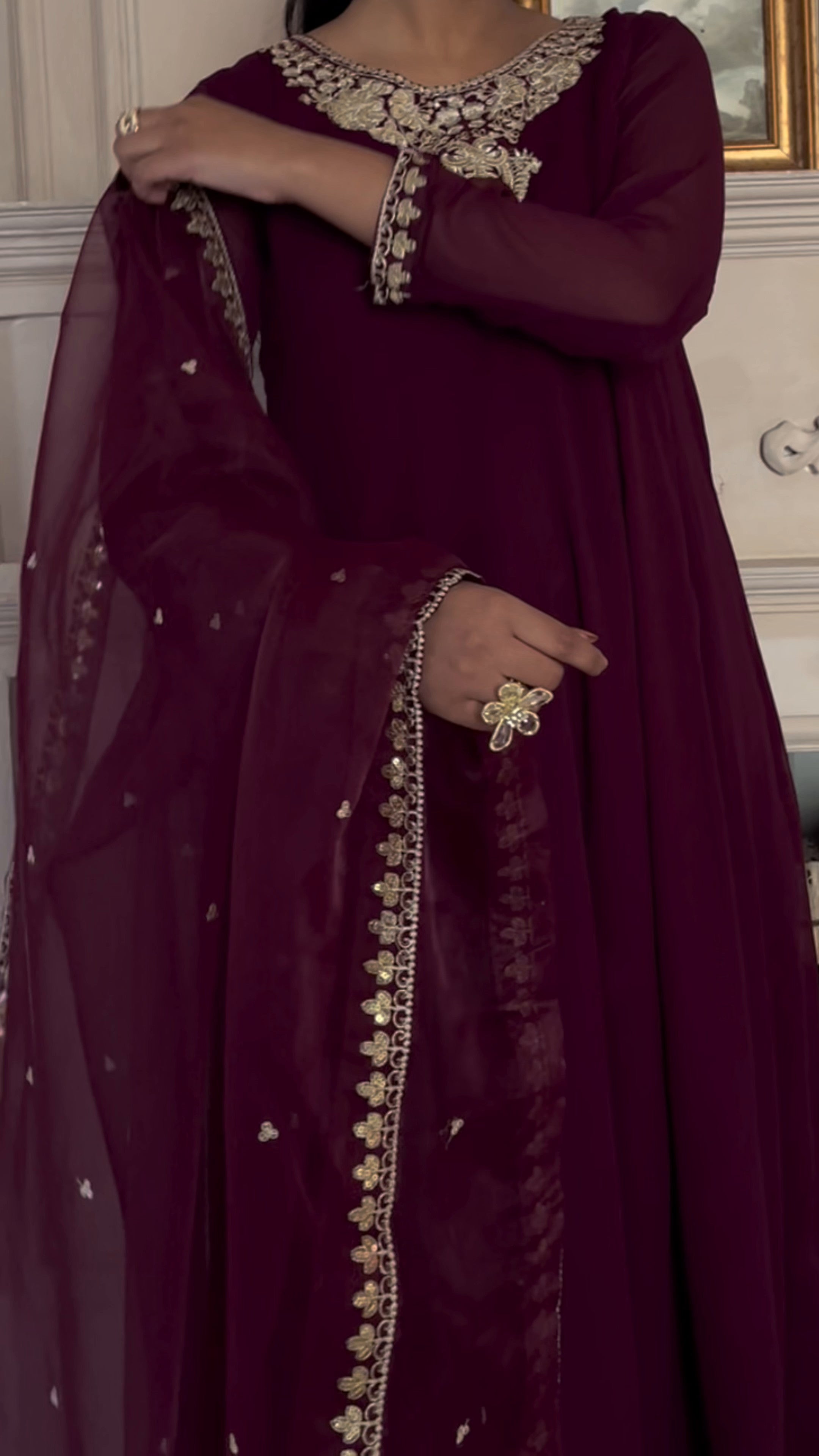 Pakistani Plum Embroidered Chiffon Pishwas Dress (3-Piece) - Image 8