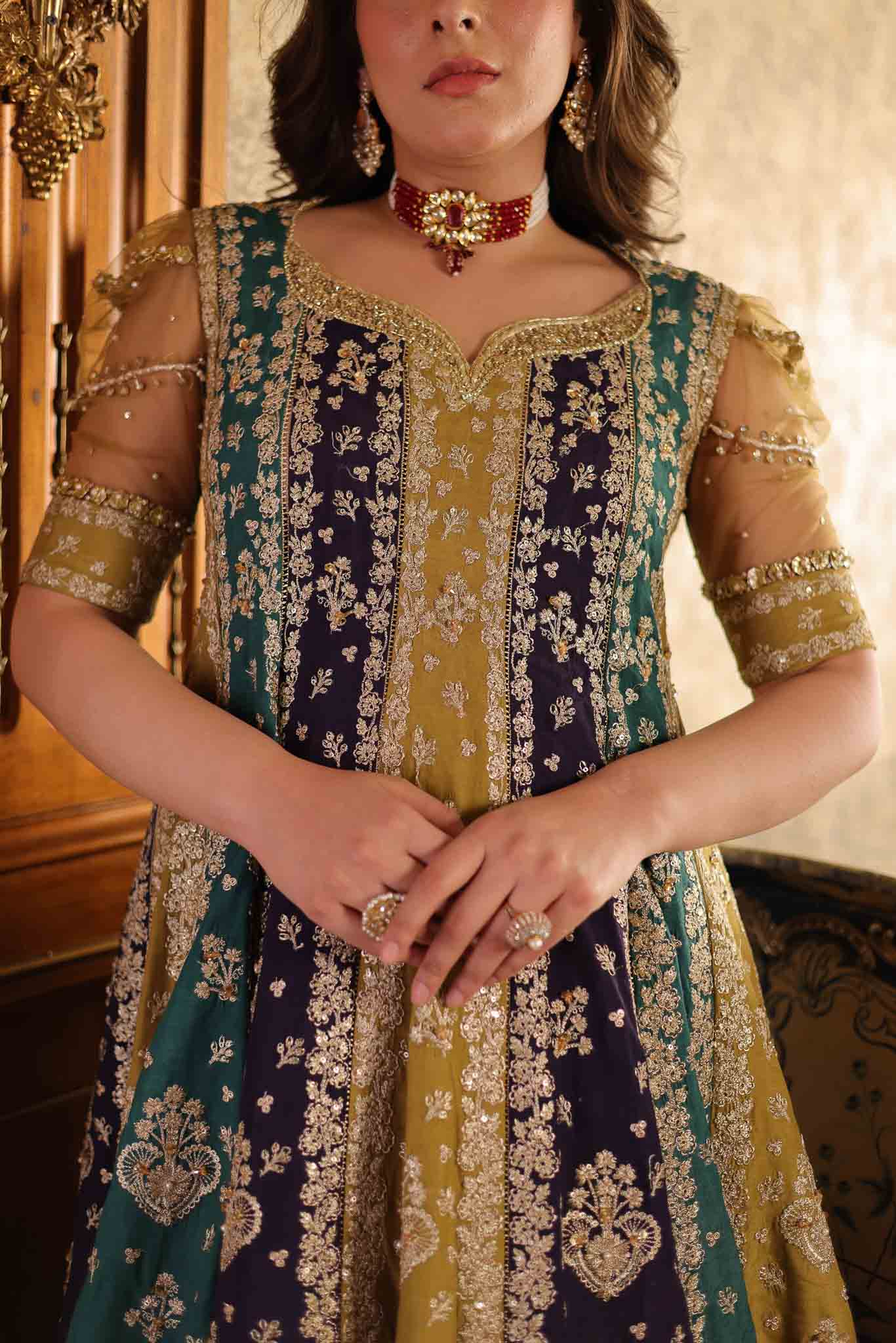 Midnight Purple Embroidered Raw Silk Pishwas (2-Piece) - Image 6