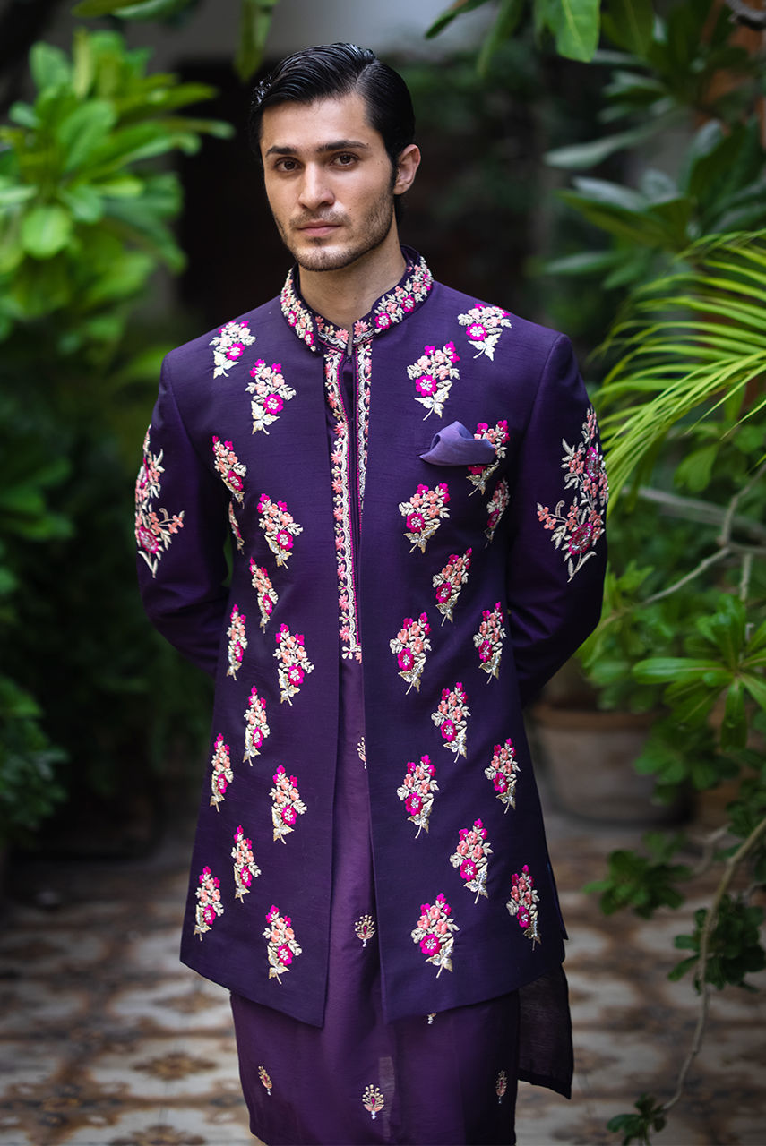 Purple Embroidered Raw Silk Prince Coat (3-Piece) - Image 2