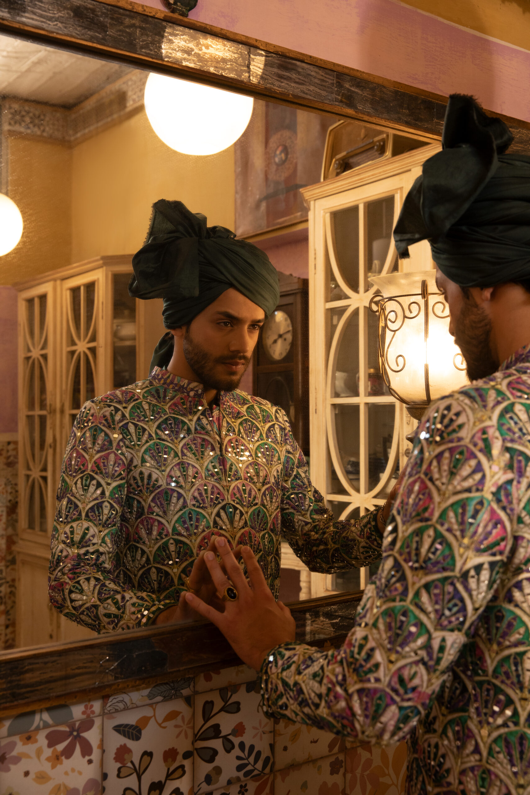 Deep Purple & Emerald Green Embroidered Silk-Blend Princecoat (1-Pc) - Image 1