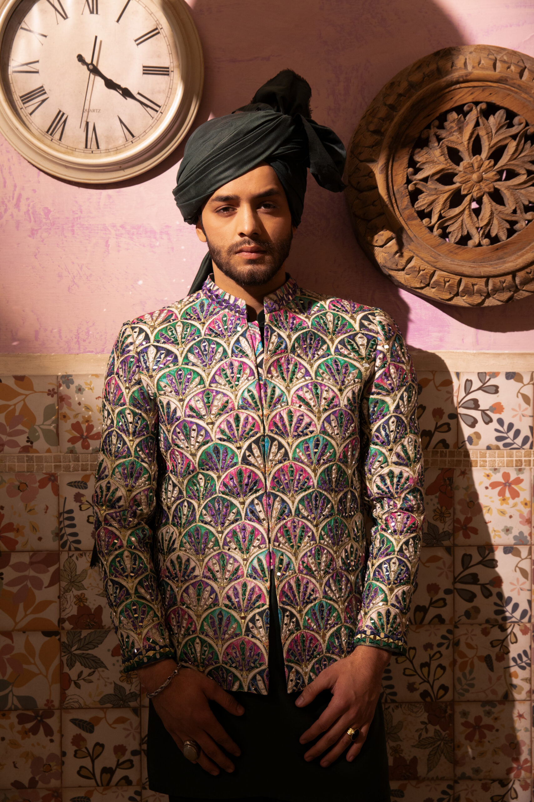 Deep Purple & Emerald Green Embroidered Silk-Blend Princecoat (1-Pc) - Image 2