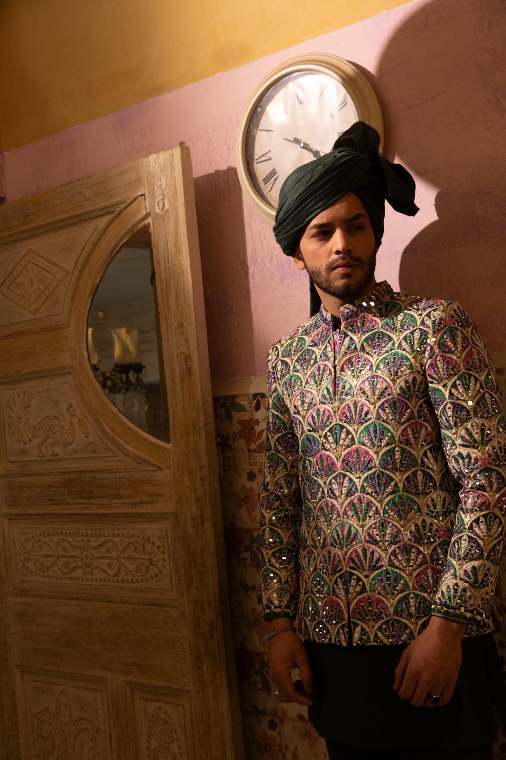 Deep Purple & Emerald Green Embroidered Silk-Blend Princecoat (1-Pc) - Image 3