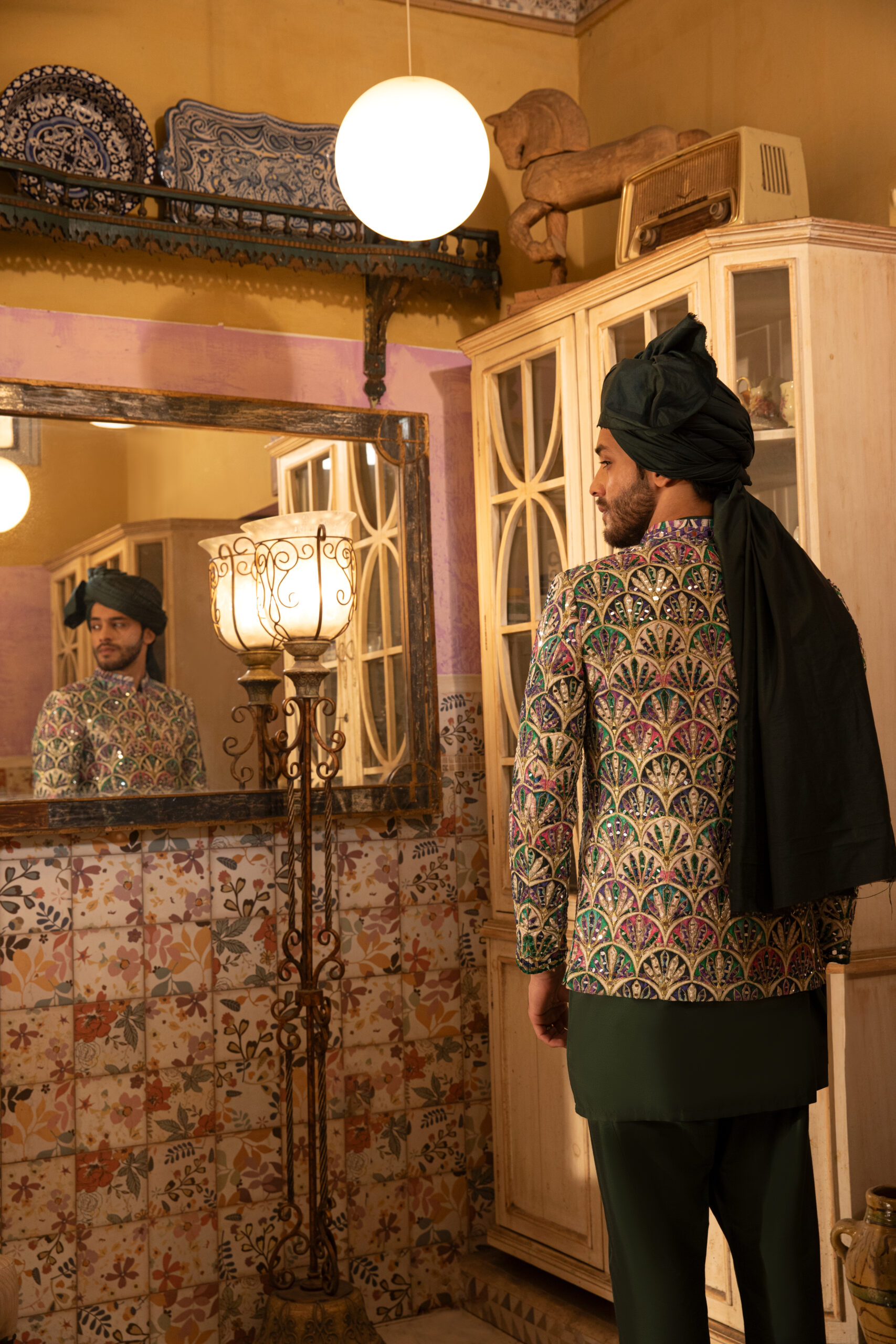 Deep Purple & Emerald Green Embroidered Silk-Blend Princecoat (1-Pc) - Image 4