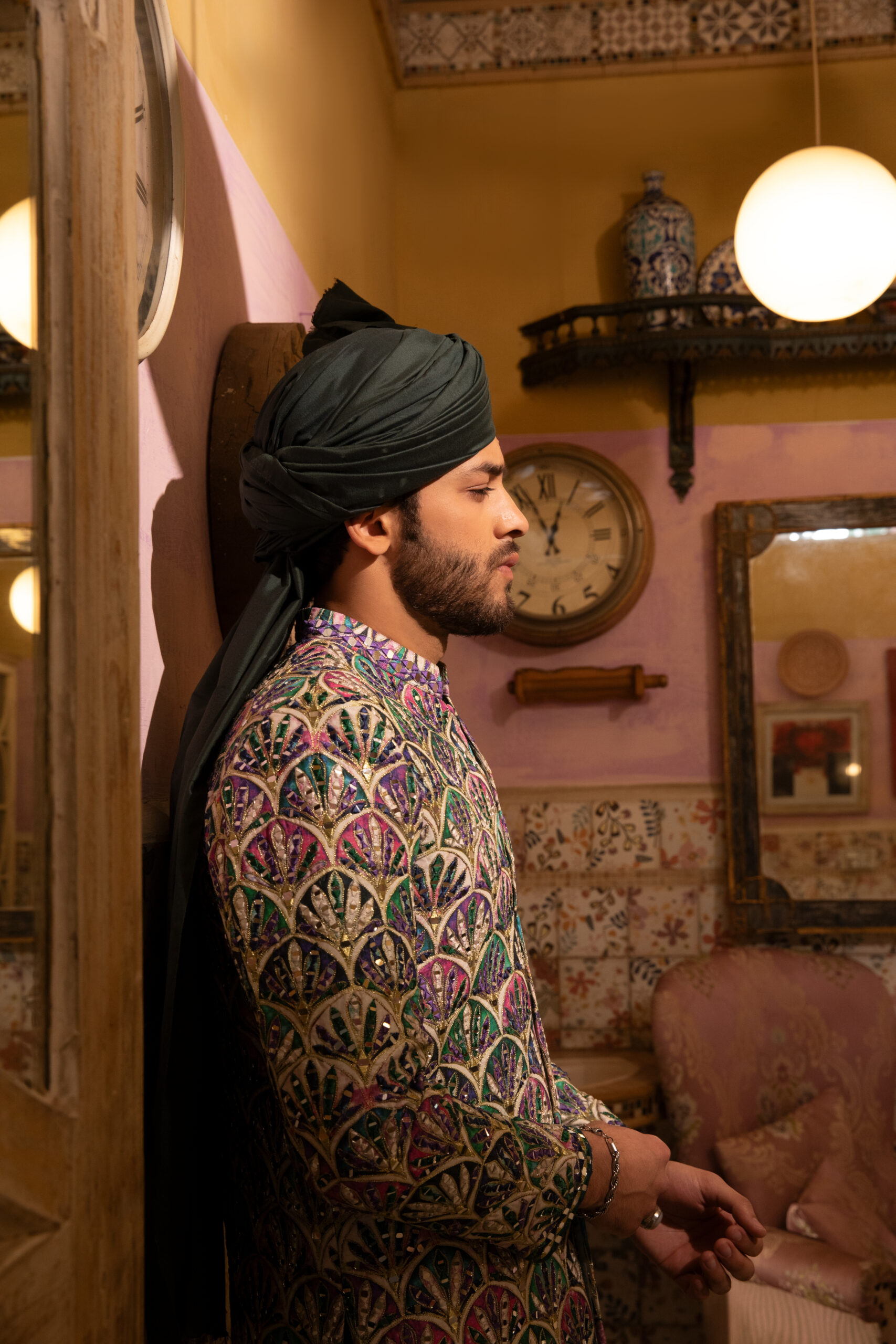 Deep Purple & Emerald Green Embroidered Silk-Blend Princecoat (1-Pc) - Image 5