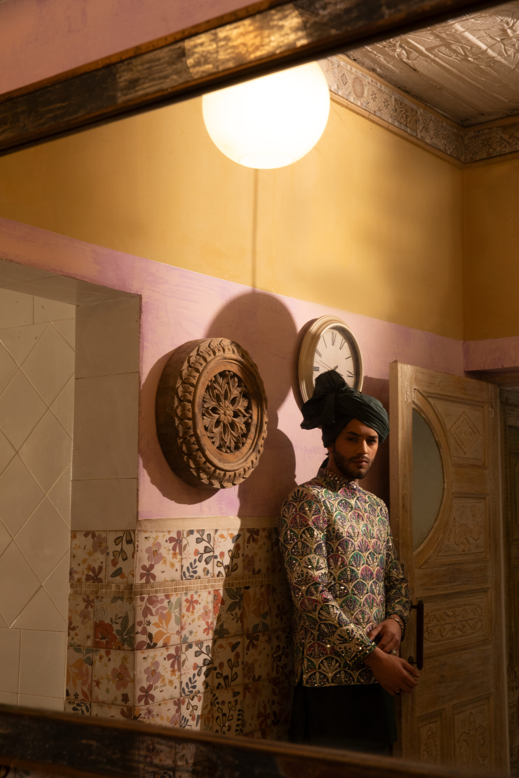 Deep Purple & Emerald Green Embroidered Silk-Blend Princecoat (1-Pc) - Image 6