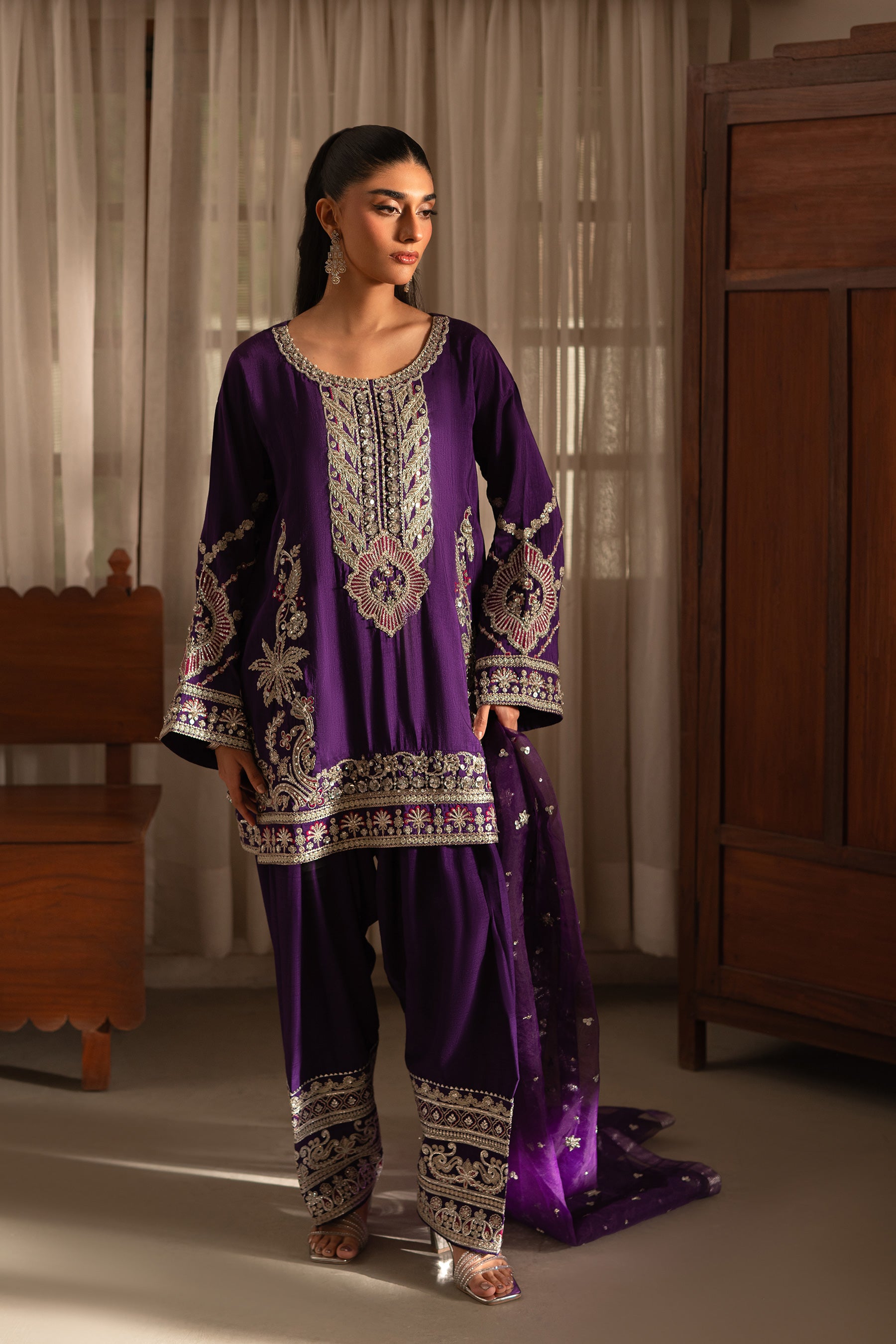 Purple Zardozi Blended Silk Kurta Shalwar (3-Piece) - Image 1
