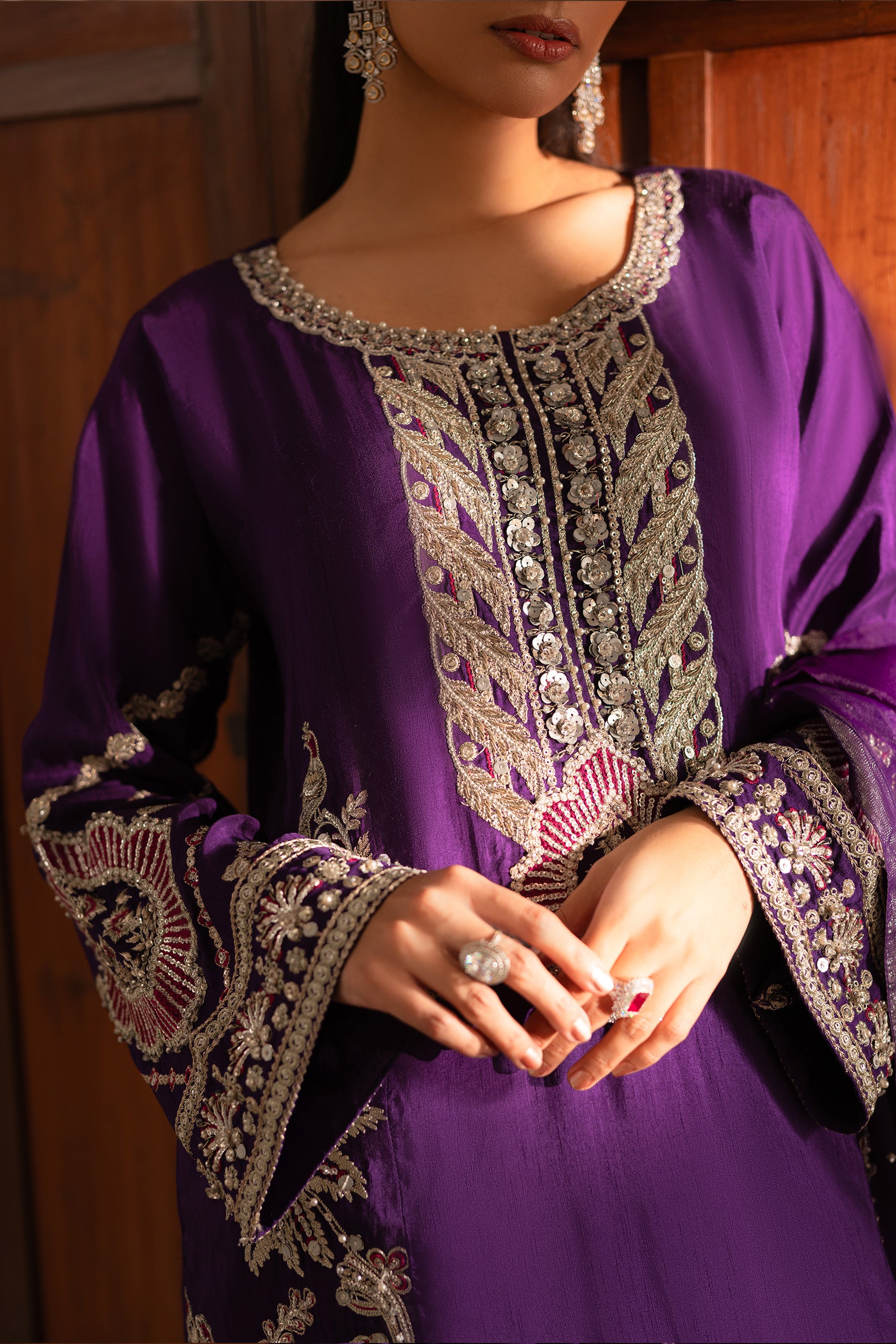 Purple Zardozi Blended Silk Kurta Shalwar (3-Piece) - Image 3