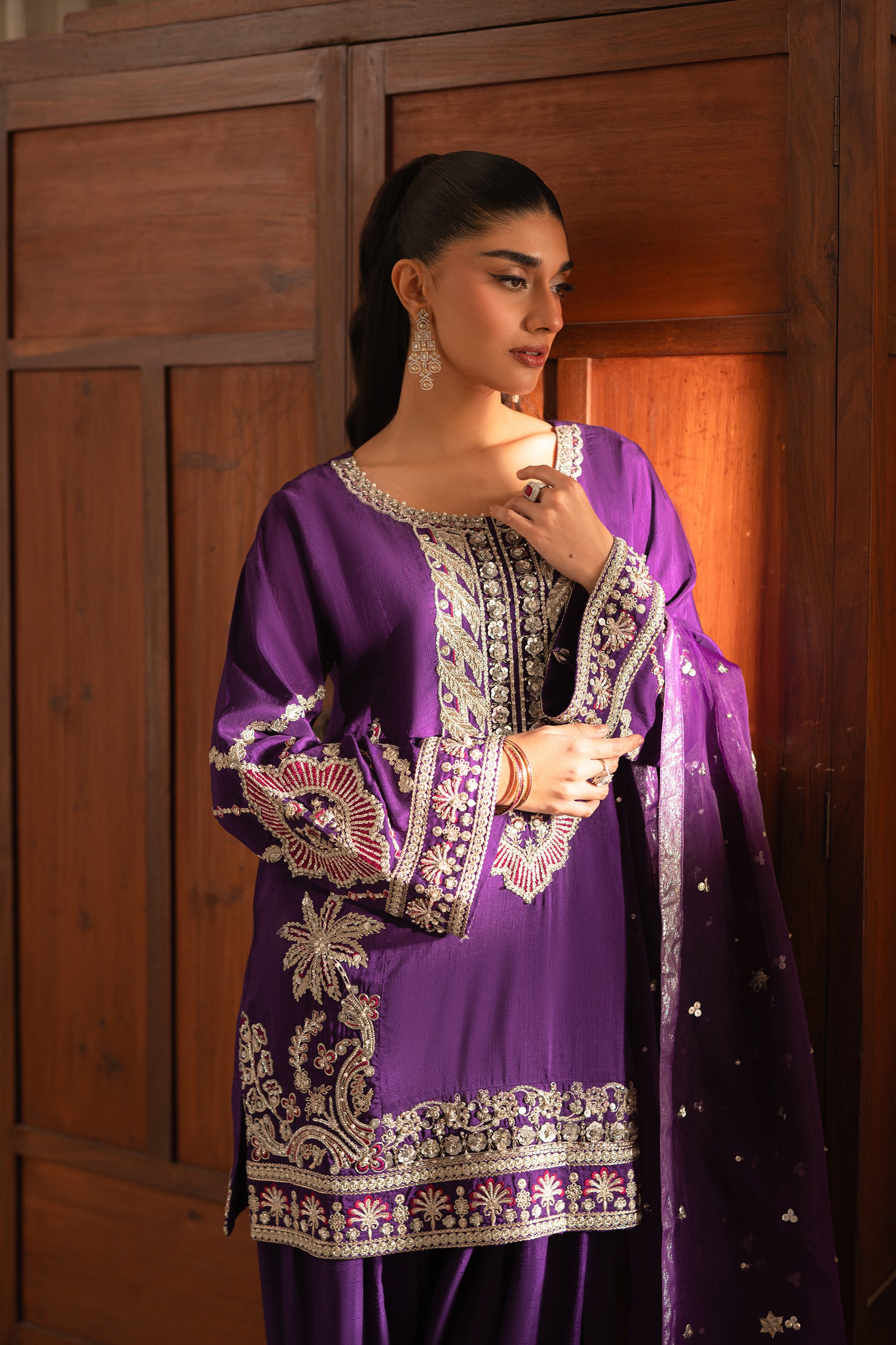 Purple Zardozi Embroidered Blended Silk Salwar Kameez (3-Piece) - Image 2