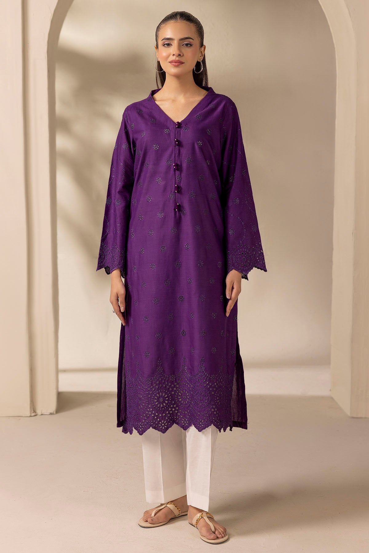 Pakistani Purple Schiffli Embroidered Cambric Lawn Shirt (1-Pc) - Image 1