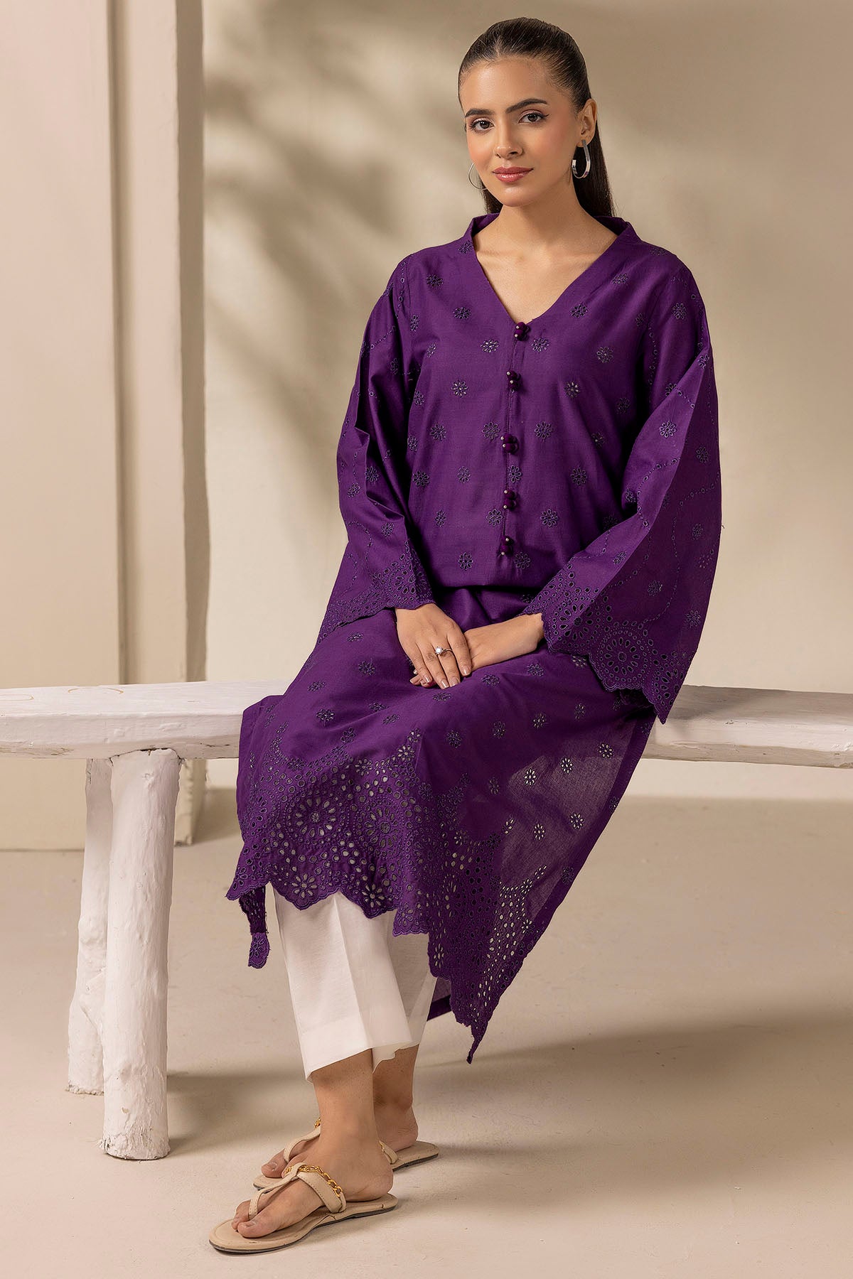 Pakistani Purple Schiffli Embroidered Cambric Lawn Shirt (1-Pc) - Image 2