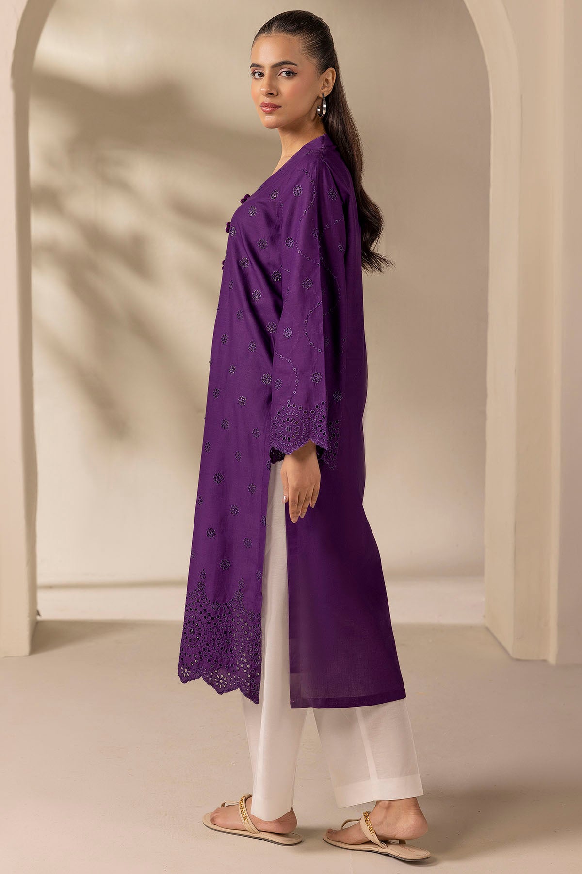 Pakistani Purple Schiffli Embroidered Cambric Lawn Shirt (1-Pc) - Image 3