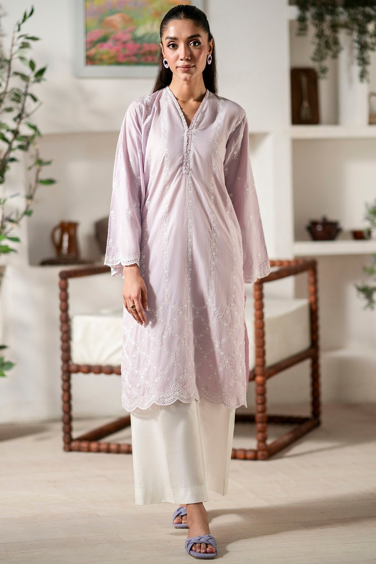 Pakistani Lilac Schiffli Embroidered Cambric Lawn Shirt (1-Pc) - Image 1