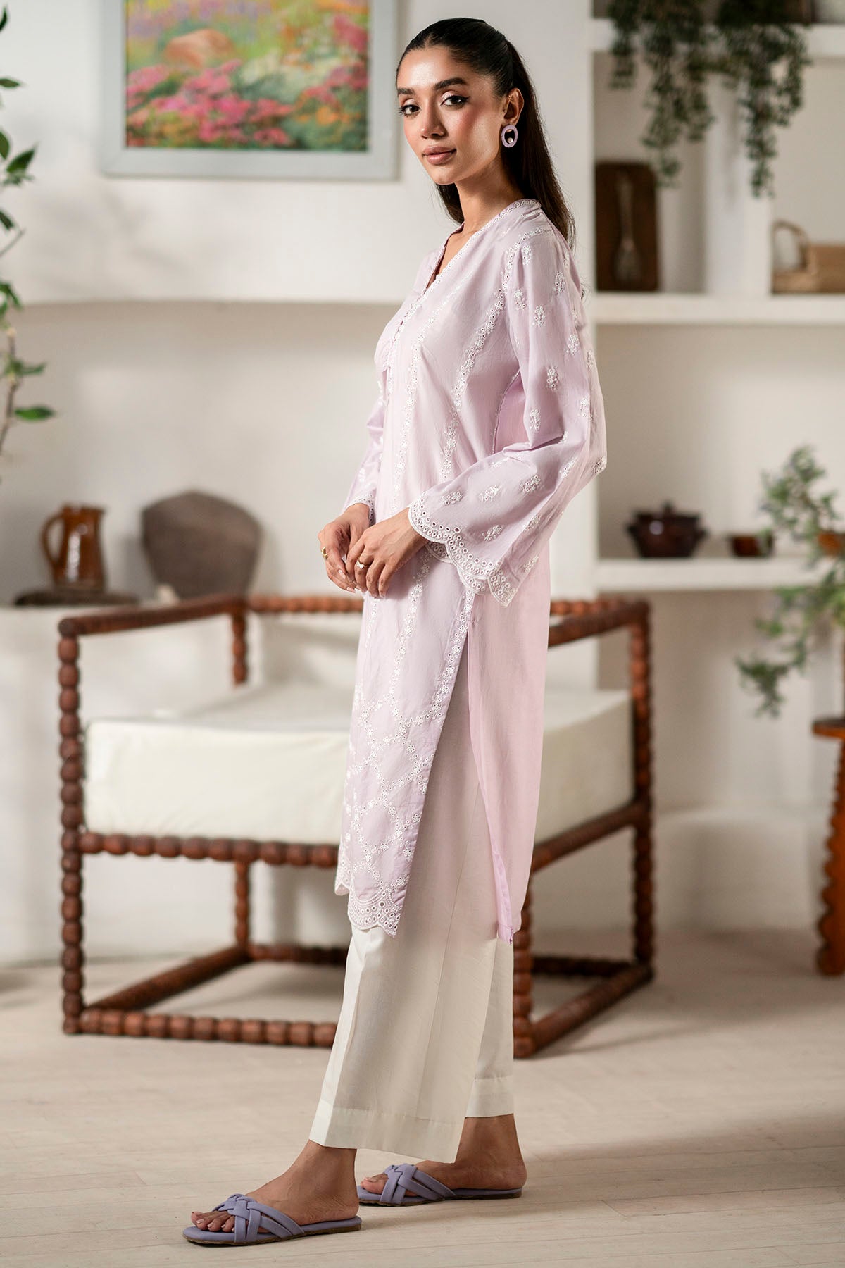 Pakistani Lilac Schiffli Embroidered Cambric Lawn Shirt (1-Pc) - Image 2