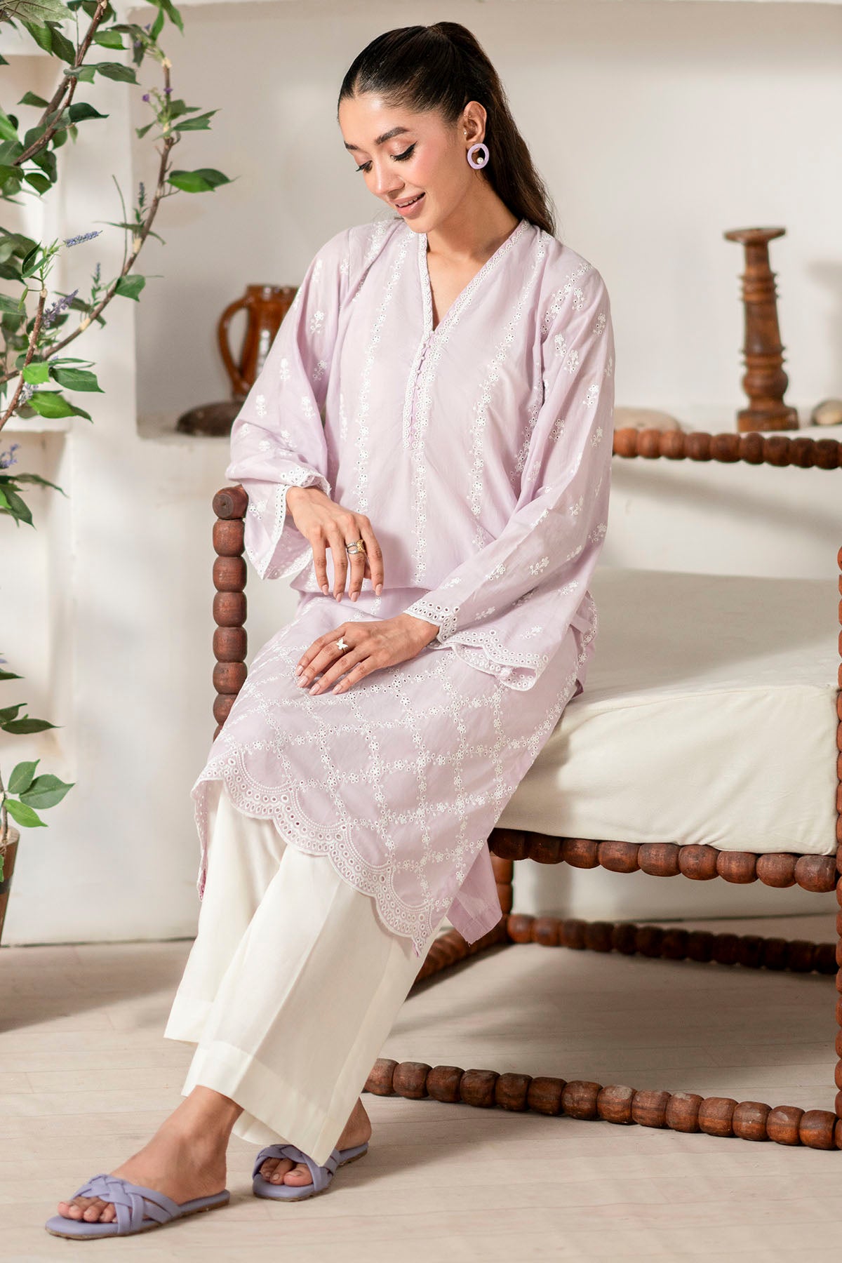 Pakistani Lilac Schiffli Embroidered Cambric Lawn Shirt (1-Pc) - Image 3