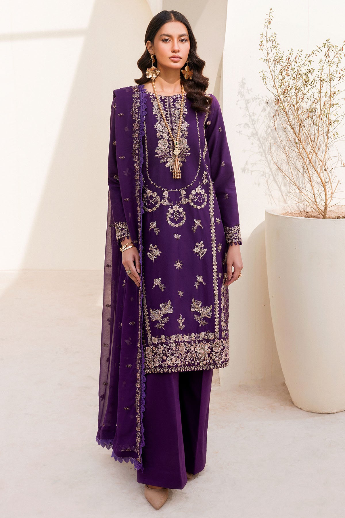Deep Purple Embroidered Cambric 3-Piece Suit - Image 1