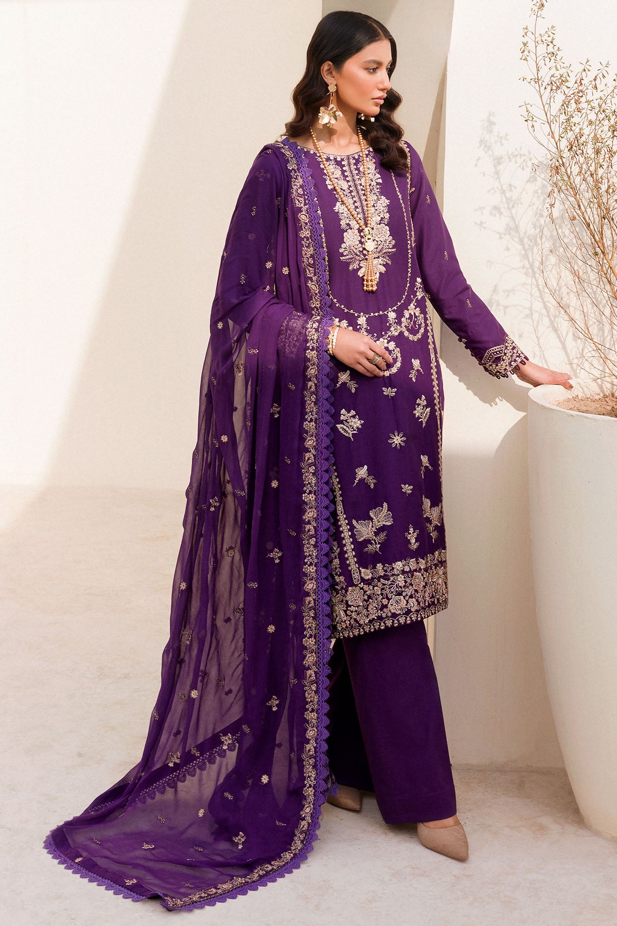 Deep Purple Embroidered Cambric 3-Piece Suit - Image 3