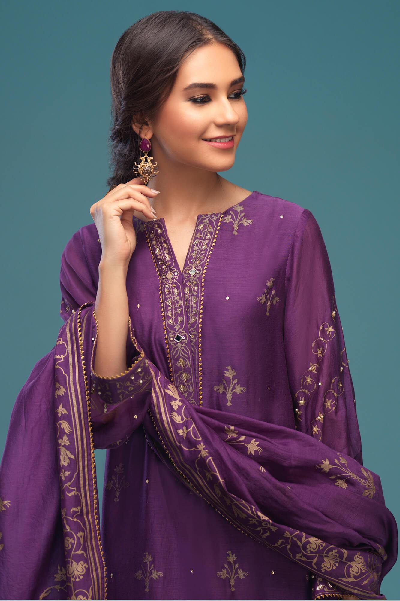 Pakistani Purple Kora Dabka Mirror Work Chanderi Suit (3-Piece) - Image 4