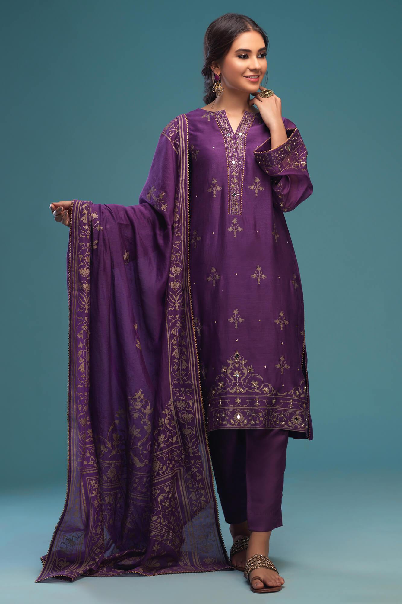 Pakistani Purple Kora Dabka & Mirror Work Chanderi Salwar Kameez (3-Piece) - Image 2