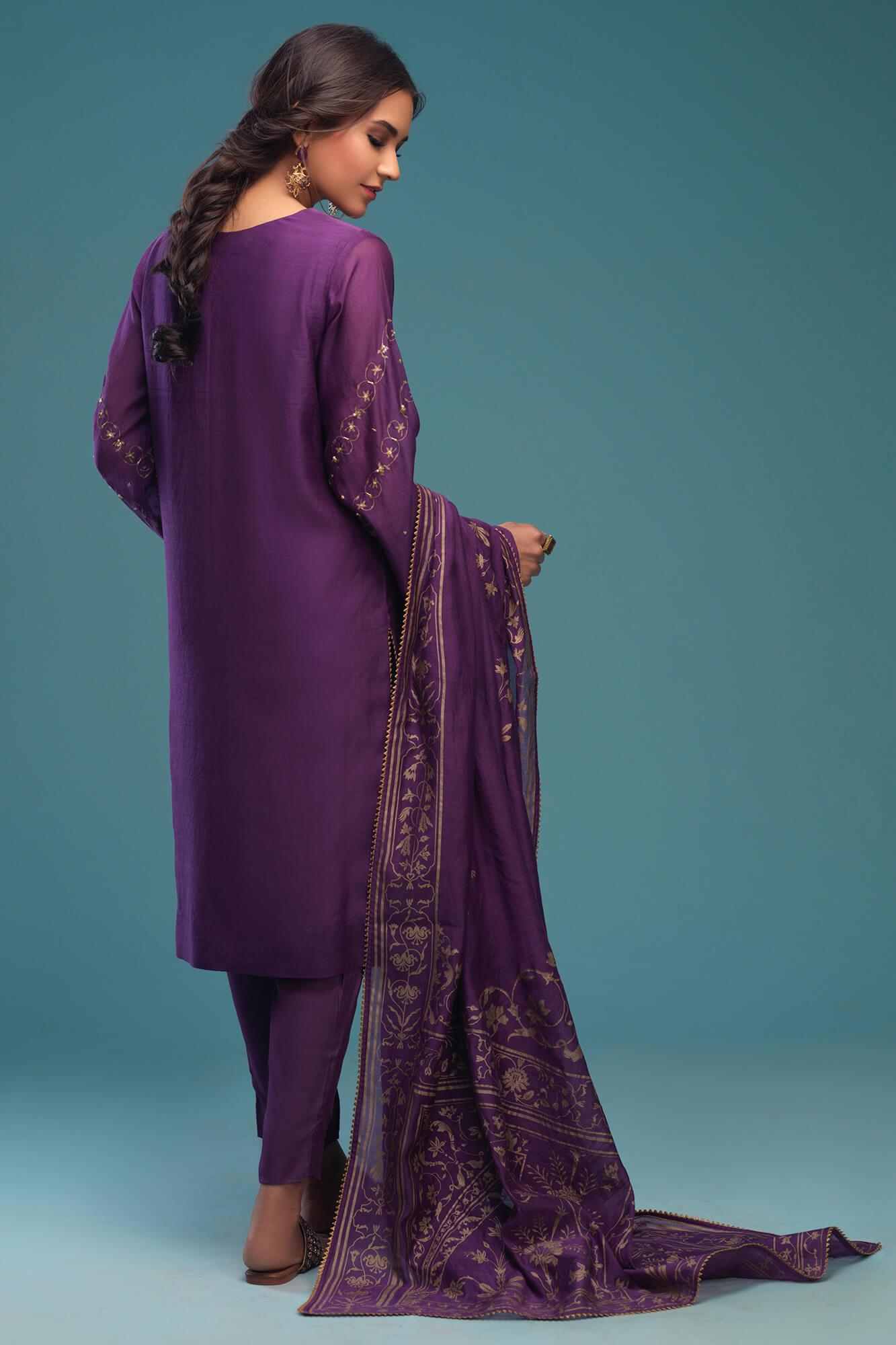 Purple Kora Dabka Mirror Work Chanderi Salwar Kameez (3-Piece) - Image 3