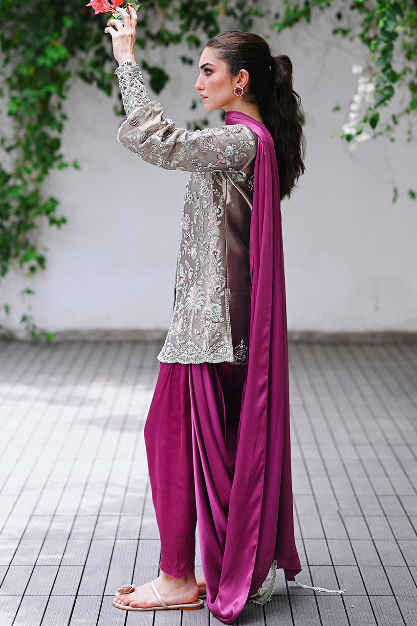 Pakistani Orchid Purple Zardozi Charmeuse Shalwar Set (3-Piece) - Image 1