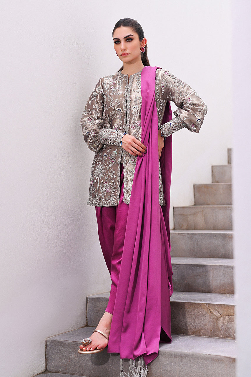 Pakistani Orchid Purple Zardozi Charmeuse Shalwar Set (3-Piece) - Image 2
