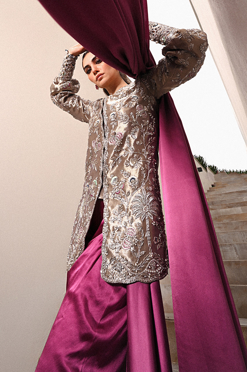 Pakistani Orchid Purple Zardozi Charmeuse Shalwar Set (3-Piece) - Image 4