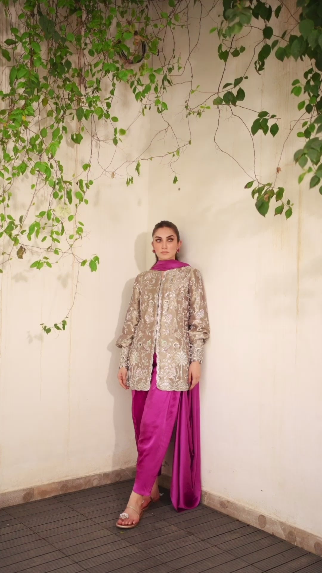 Pakistani Orchid Purple Zardozi Charmeuse Shalwar Set (3-Piece) - Image 6