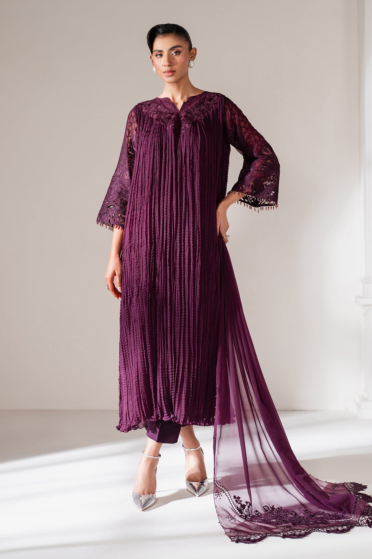 Deep Plum Embroidered Chiffon Salwar Kameez (3-Piece) - Image 1