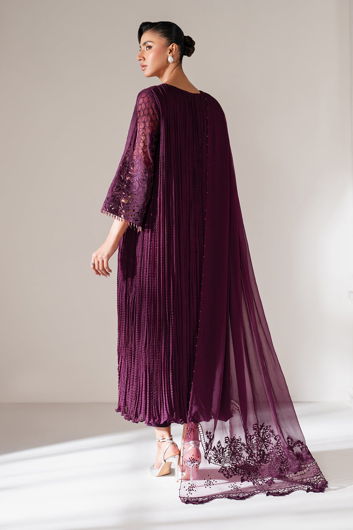 Deep Plum Embroidered Chiffon Salwar Kameez (3-Piece) - Image 2