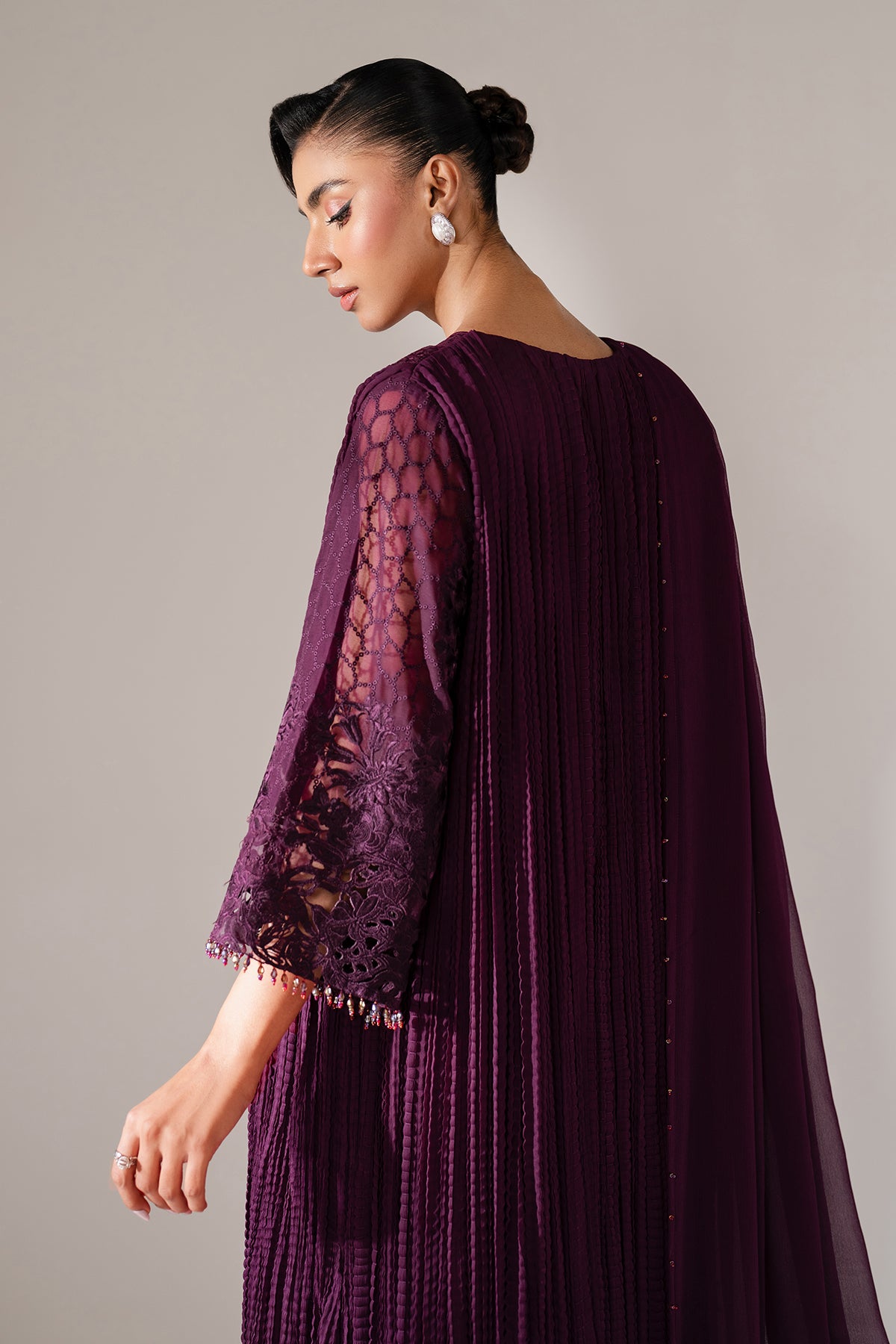 Deep Plum Embroidered Chiffon Salwar Kameez (3-Piece) - Image 3