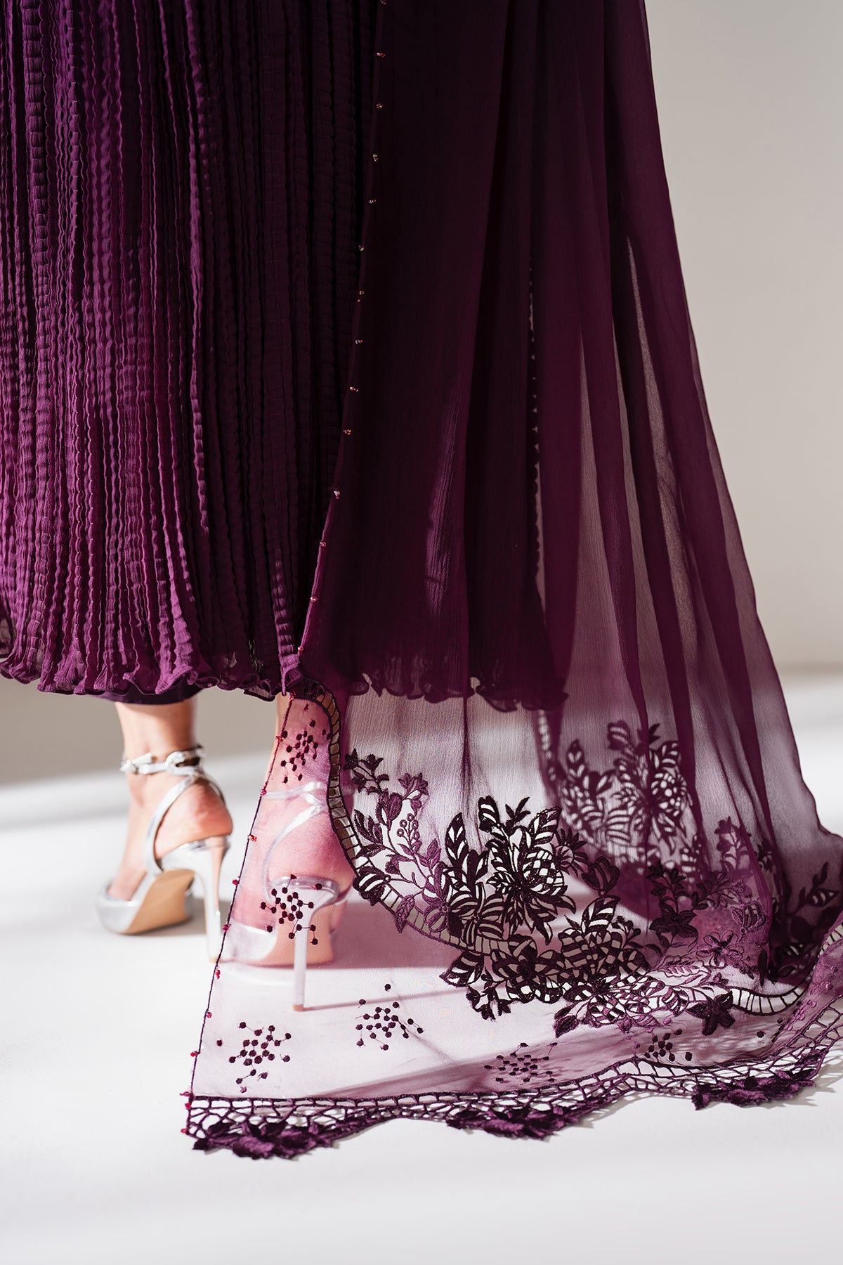 Deep Plum Embroidered Chiffon Salwar Kameez (3-Piece) - Image 4