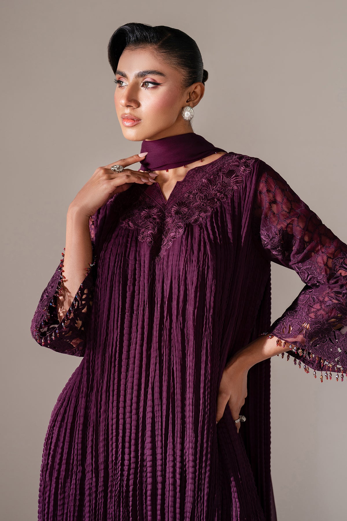 Deep Plum Embroidered Chiffon Salwar Kameez (3-Piece) - Image 6