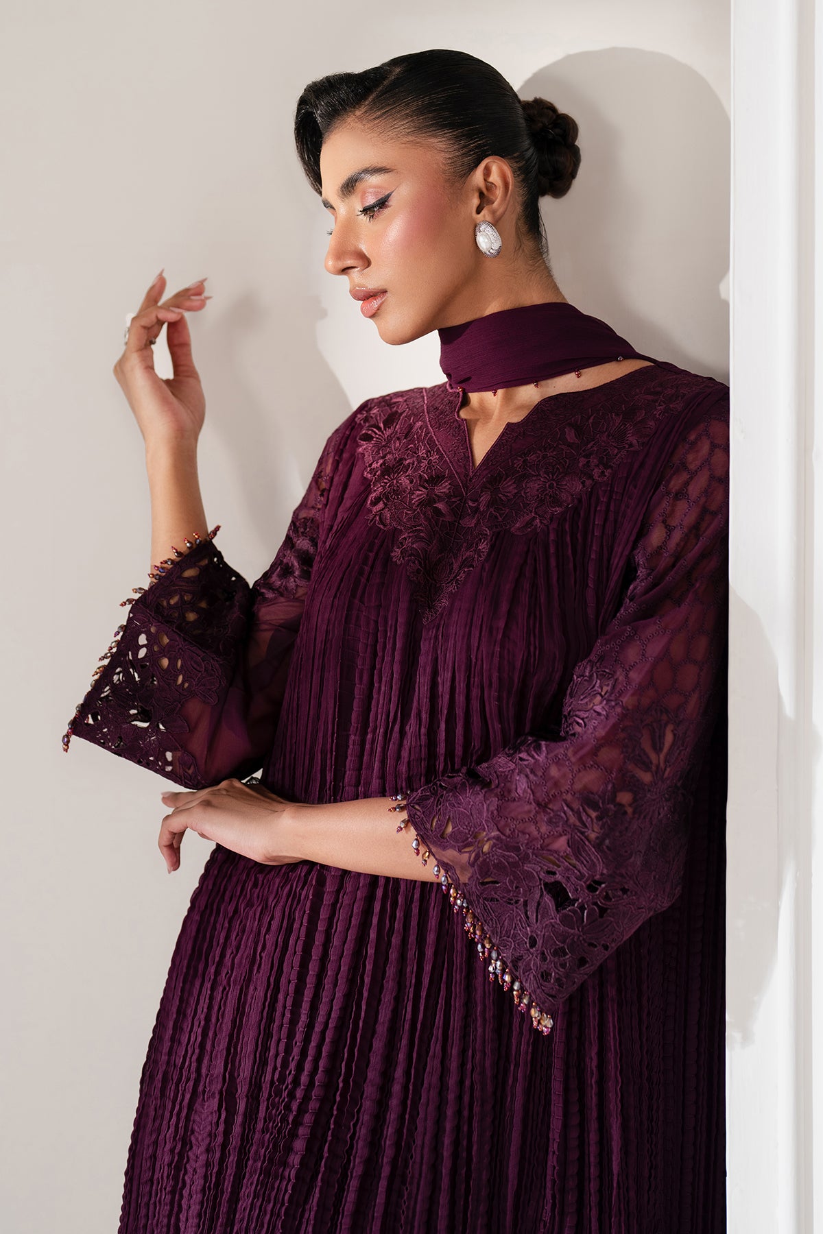 Deep Plum Embroidered Chiffon Salwar Kameez (3-Piece) - Image 7